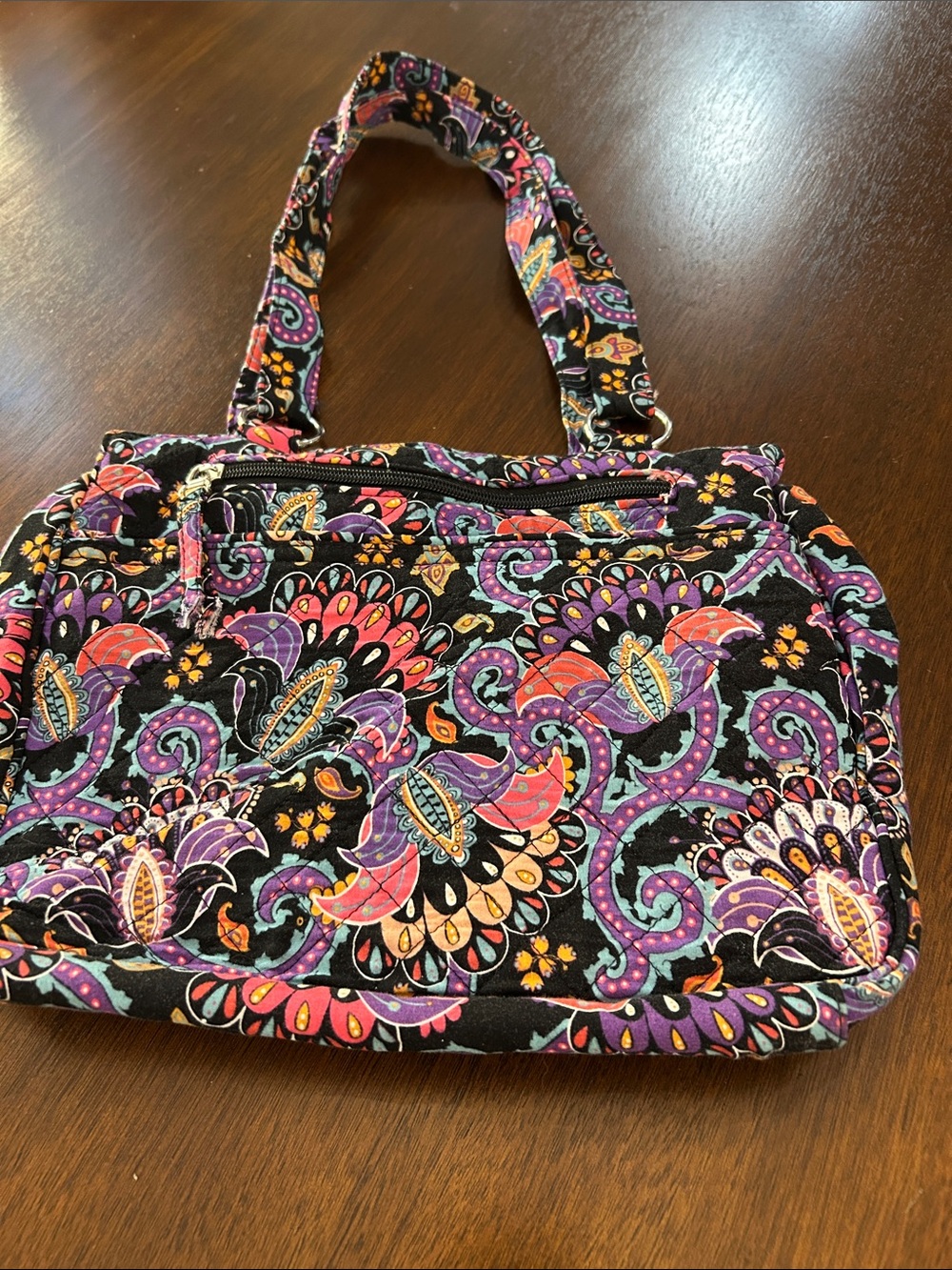 Quilted Floral Paisley Shoulder Bag in Black and Purple